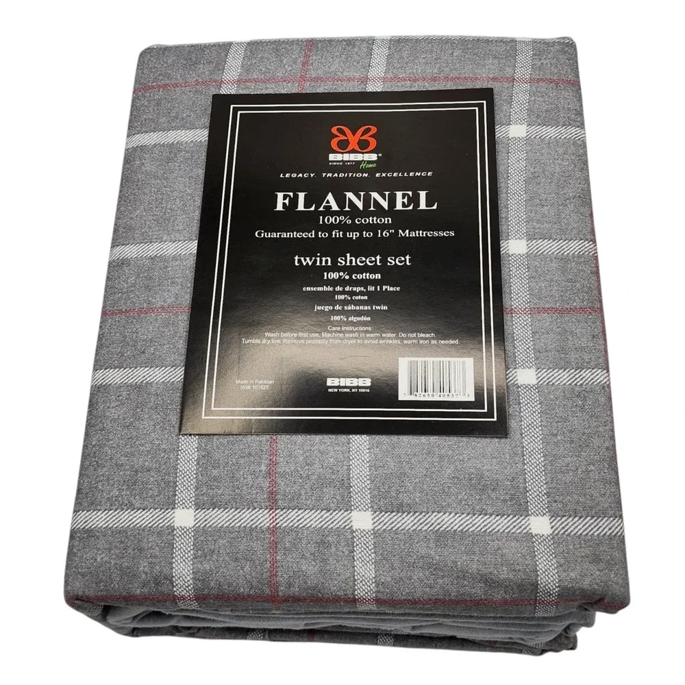 BIBB Home Twin Size Gray Checkered Cotton Flannel Sheet Set 3pc‎